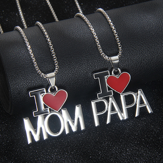 201 Набор подвесок из нержавеющей стали и сплава в форме сердца с эмалью «Я люблю маму и папу»., платины и нержавеющая сталь цвет