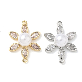 Шармы-соединители из латуни с паве из кубического циркония, подвески-цветы с искусственным жемчугом из АБС-пластика, белые, долговечный, без кадмия и без свинца, стойки покрытие