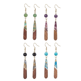 304 Stainless Steel Dangle Earrings, with Wood and Resin & Natural Mixed Stone & Synthetic Turquoise