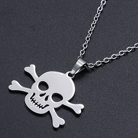201 Stainless Steel Pendants Necklaces, with Cable Chains and Lobster Claw Clasps, Skull