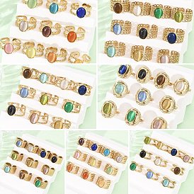 304 Кольца-манжеты из нержавеющей стали со стеклянными вставками в форме кошачьего глаза для женщин, овальные, ионное покрытие (ip), реальный 18 k позолоченный