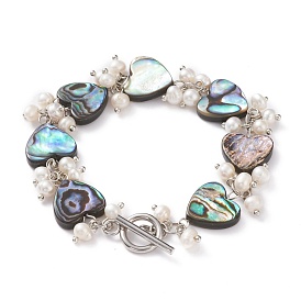 Heart Natural Abalone Shell/Paua Shell Beaded Bracelets, with Natural Pearl Beads and 304 Stainless Steel Toggle Clasps
