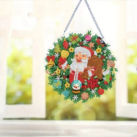 Christmas Wreath with Santa Claus DIY Diamond Painting Pendant Decoration Kits, Including Acrylic Boards, Curb Chains, Resin Rhinestones, Diamond Sticky Pens, Tray Plates and Glue Clay