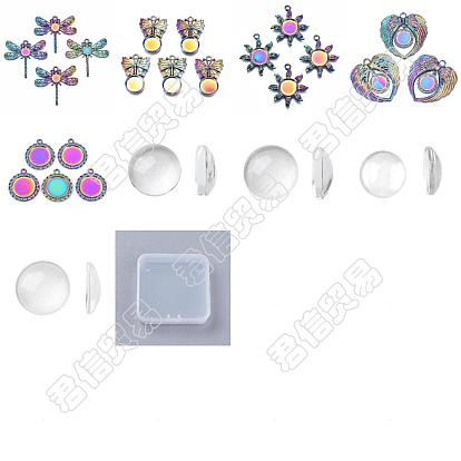 Kit de bricolaje para hacer colgantes de colores del arcoíris, Incluyendo engastes de cabujón colgante de aleación, Cabochons de cristal transparente
