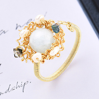 Natural Pearl & Gemstone Braided Beaded Flat Round Open Cuff Ring, Brass Wire Wrapped Jewelry for Women