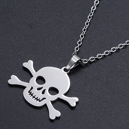 201 Stainless Steel Pendants Necklaces, with Cable Chains and Lobster Claw Clasps, Skull