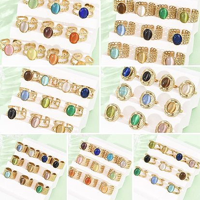 304 Кольца-манжеты из нержавеющей стали со стеклянными вставками в форме кошачьего глаза для женщин, овальные, ионное покрытие (ip), реальный 18 k позолоченный