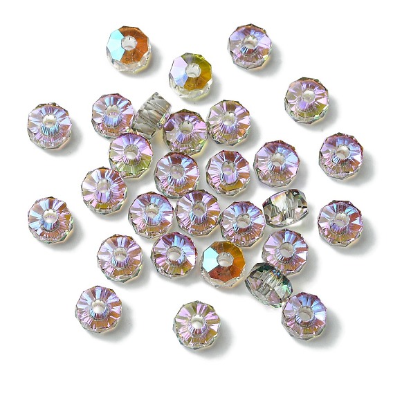 Прозрачный Electroplate стеклянные бусины, бусины с большим отверстием, с половиным покрытием цвета радуги, плоско-круглые