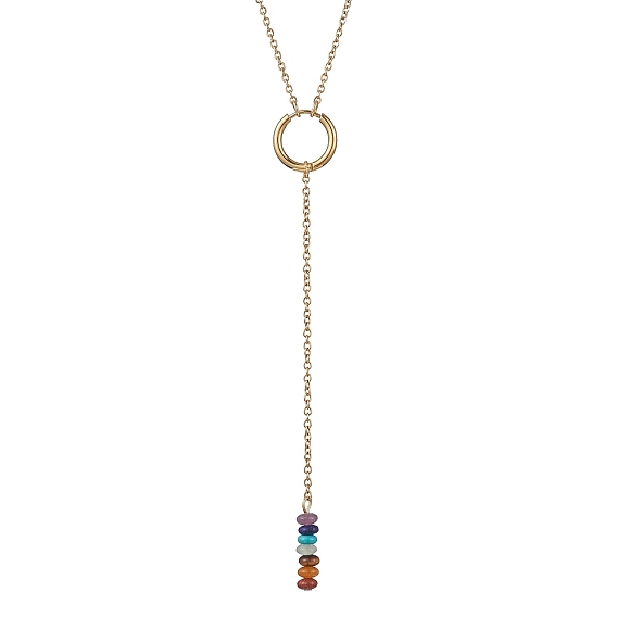 Natural & Synthetic Mixed Gemstone Rondelle Lariat Necklaces, Chakra Theme Necklace with 304 Stainless Steel Cable Chains