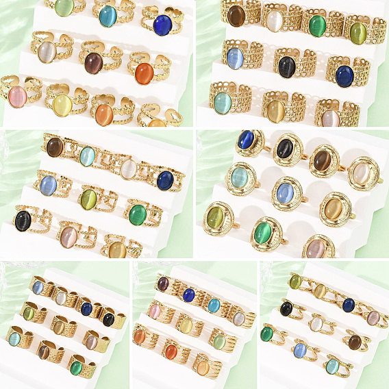 304 Кольца-манжеты из нержавеющей стали со стеклянными вставками в форме кошачьего глаза для женщин, овальные, ионное покрытие (ip), реальный 18 k позолоченный