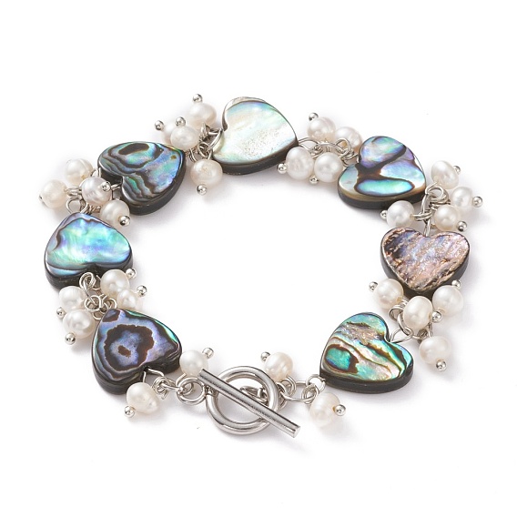 Heart Natural Abalone Shell/Paua Shell Beaded Bracelets, with Natural Pearl Beads and 304 Stainless Steel Toggle Clasps