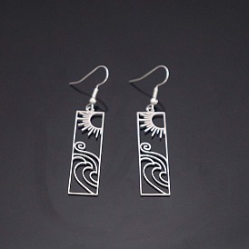 304 Stainless Steel Dangle Earrings, Rectangle with Sun Pattern