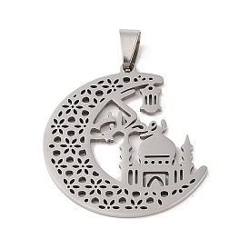 201 Stainless Steel Pendants, Hollow, Crescent Moon and Mosque Islamic Charm