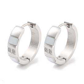 304 Stainless Steel Pave Clear Cubic Zirconia Huggie Hoop Earrings, with Natural Shell & 316 Stainless Steel Pins