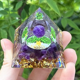 Orgonite Pyramid Resin Energy Generators, Reiki Natural Amethyst Chips Inside for Home Office Desk Decoration