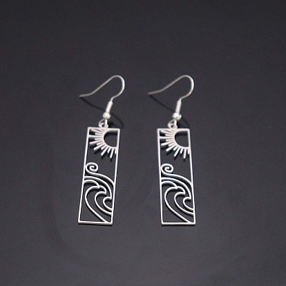 304 Stainless Steel Dangle Earrings, Rectangle with Sun Pattern