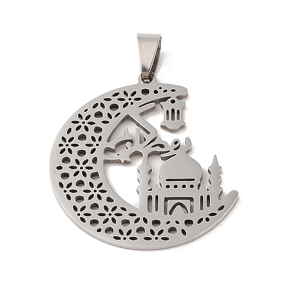 Pendentifs en acier inoxydable, creux, croissant de lune et charme islamique de la mosquée