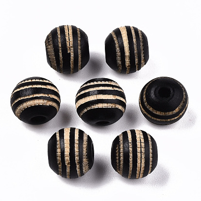 Painted Natural Wood Beads, Laser Engraved Pattern, Round with Zebra-Stripe
