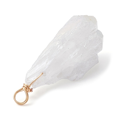 Electroplated Natural Quartz Crystal Dyed Pendants, Teardrop Charms with Golden Plated Copper Wire Loops
