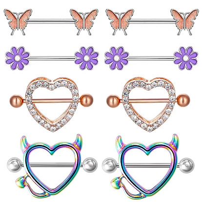 304 Кольца для сосков из нержавеющей стали со стразами и эмалью, булавки для пирсинга сосков