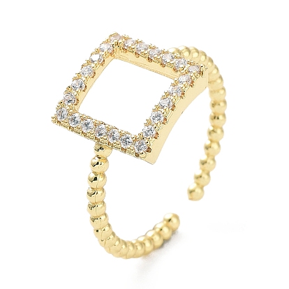 Rack Plating Brass Micro Pave Clear Cubic Zirconia Cuff Rings, Square Wide Band Open Ring for Women, Long-Lasting Plated