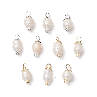 10шт 2 цвета натуральный культивированный пресноводный жемчуг рисовые подвески, с 304 петлями из нержавеющей стали и гальваническим немагнитным синтетическим гематитом, цветочный белый