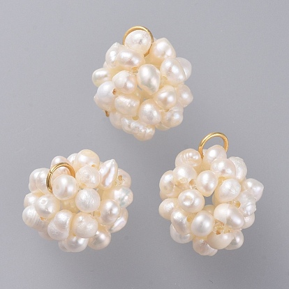 Natural Cultured Freshwater Pearl Pendants, Grade A, with 304 Stainless Steel Open Jump Rings, Round, Golden