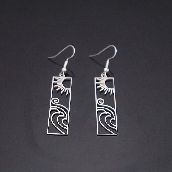 304 Stainless Steel Dangle Earrings, Rectangle with Sun Pattern