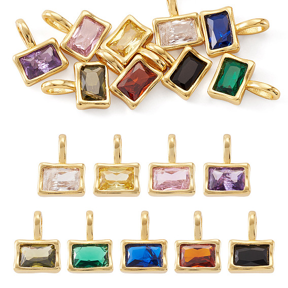 9Pcs 9 Colors Rectangle Brass Micro Pave Cubic Zirconia Charms, Rack Plating, Long-Lasting Plated, Cadmium Free & Lead Free, Golden