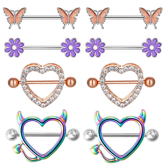 304 Кольца для сосков из нержавеющей стали со стразами и эмалью, булавки для пирсинга сосков