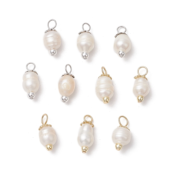 10шт 2 цвета натуральный культивированный пресноводный жемчуг рисовые подвески, с 304 петлями из нержавеющей стали и гальваническим немагнитным синтетическим гематитом, цветочный белый