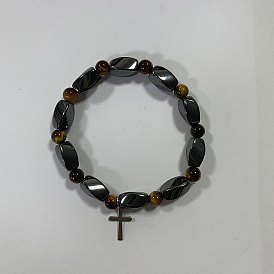 304 bracelets de charme de croix en acier inoxydable, Bracelets extensibles en perles d'hématite synthétique non magnétique et d'œil de tigre naturel pour femmes