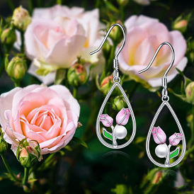 Alloy Enamel Teardrop & Tulip Dangle Earrings, with Imitation Pearl, Silver