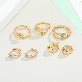 Exquisite Adjustable Micro-inlaid Snake Earrings and Ring Set with Diamond, Ear Studs included