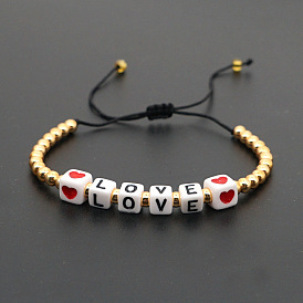Bracelet de couple bohème coeur lettre d'amour avec perles en or 4 mm pour femme