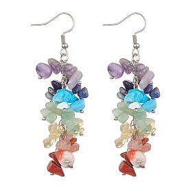 Natural & Synthetic Mixed Gemstone Chips Beaded Candy Cane Dangle Earrings, 304 Stainless Steel Wire Wrap Earringss