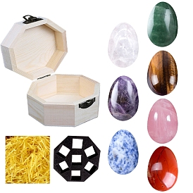 Chakra Gemstone Reiki Energy Stone Display Decorations Sets, with Wood Box, Egg