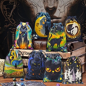 Cat Theme Rectangle Velvet Printed Storage Bags, Drawstring Pouches Tarot Packaging Bags