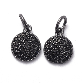 Латунные микро-паве черные кубические циркониевые подвески, с прыжковых колец, плоско-круглые