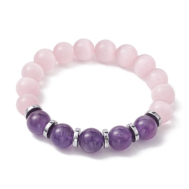10mm Round Natural Amethyst & Cat Eyes Beaded Stretch Bracelet for Women