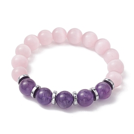 Bracelet extensible en perles d'améthyste naturelle ronde de 1 mm et yeux de chat pour femme