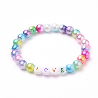 Round Acrylic Imitation Pearl  Stretch Beaded Bracelets, with Flat Round Acrylic Letter Beads, Word Love