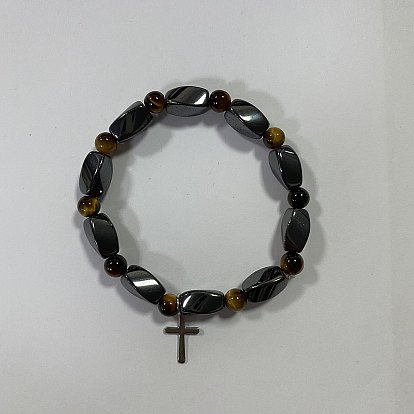 304 bracelets de charme de croix en acier inoxydable, Bracelets extensibles en perles d'hématite synthétique non magnétique et d'œil de tigre naturel pour femmes