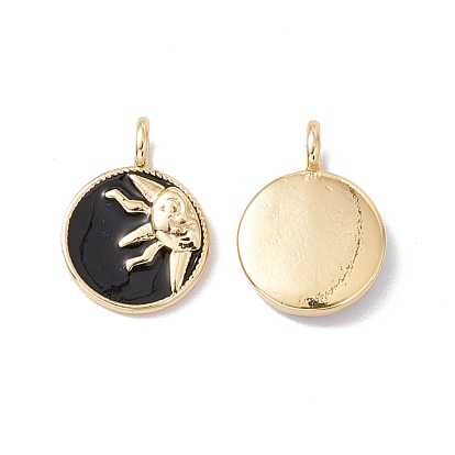 Подвески из латуни с покрытием из эмали, без кадмия, без никеля и без свинца, реальный 18 k позолоченный, плоские круглые с солнцем