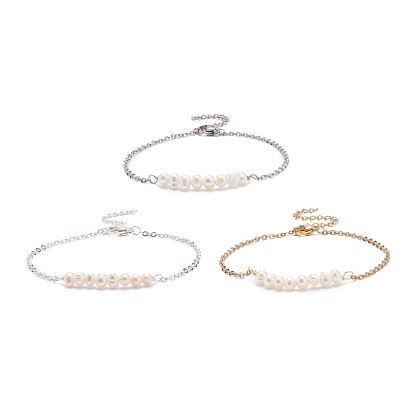 3Pcs 3 Color Natural Pearl Beads Link Bracelet with 304 Stainless Steel Cable Chains for Women