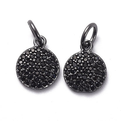 Латунные микро-паве черные кубические циркониевые подвески, с прыжковых колец, плоско-круглые