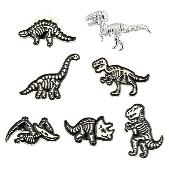 7Pcs 7 Style Spray Painted Alloy Brooches, Enamel Pin, with Brass Butterfly Clutches, Dinosaur, Cadmium Free & Lead Free, Platinum