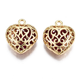 Brass Pendants, with Glass Rhinestone Inside, Hollow, Nickel Free, Heart
