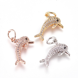 Brass Charms, with Micro Pave Cubic Zirconia and Jump Rings, Dolphin, Clear