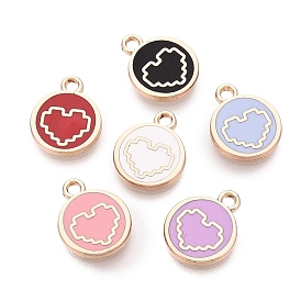 Alloy Enamel Pendants, Rack Plating, Flat Round & Heart Charms, Golden